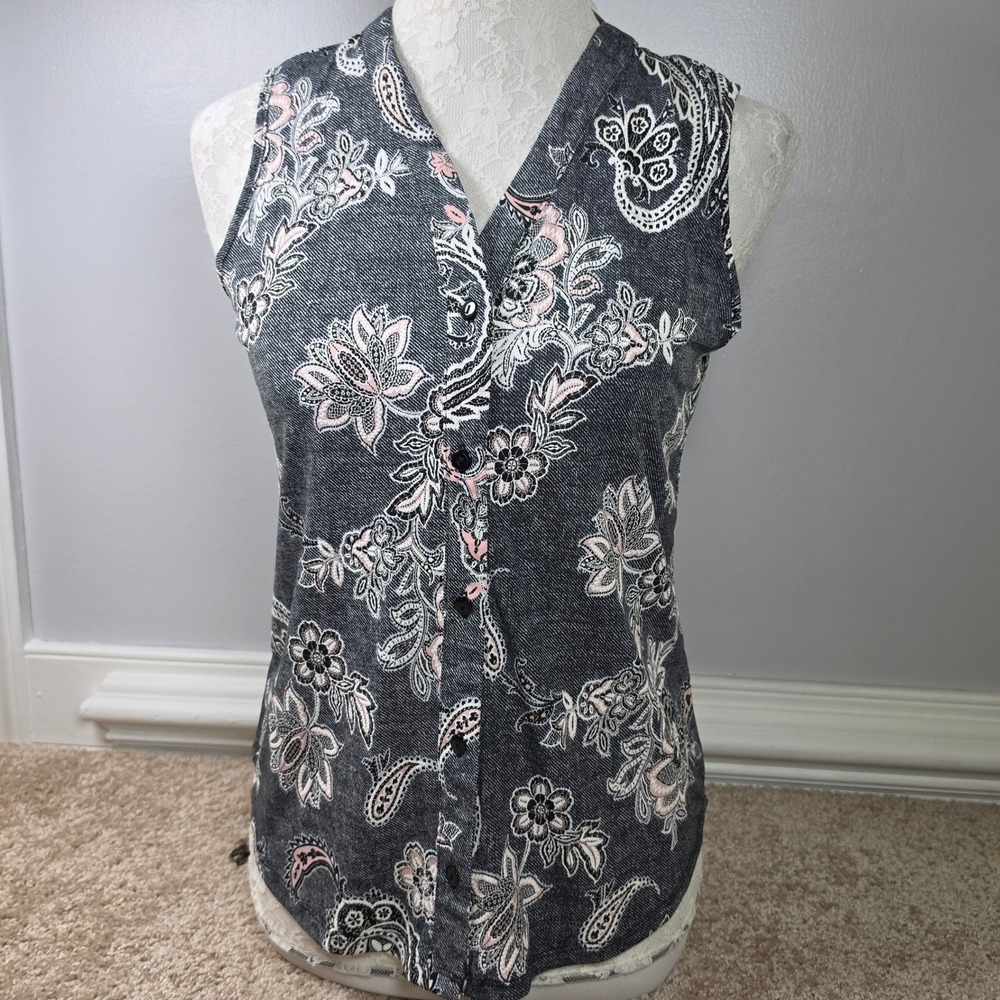 Amana Top Sleeveless Paisley Floral Button Front Denim Look Petite S